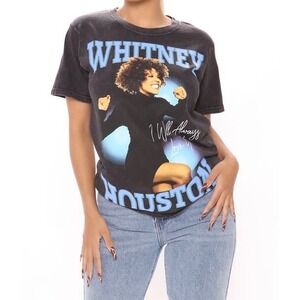 Whitney Houston Graphic T-Shirt XL "I Will Always Love You" Black Wash Slim Fit